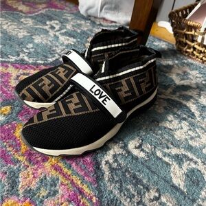 Fendi Black and Brown Logo Slip-Ons
